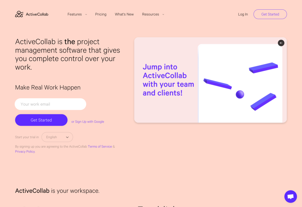 Screenshot of the ActiveCollab webpage