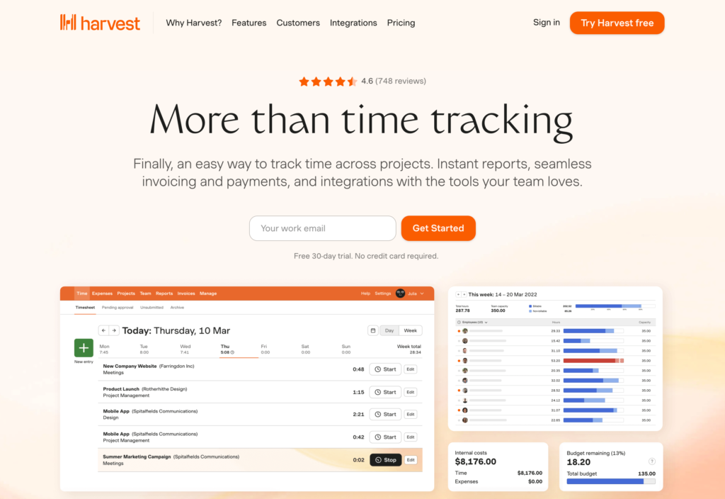 Screenshot of the Harvest webpage